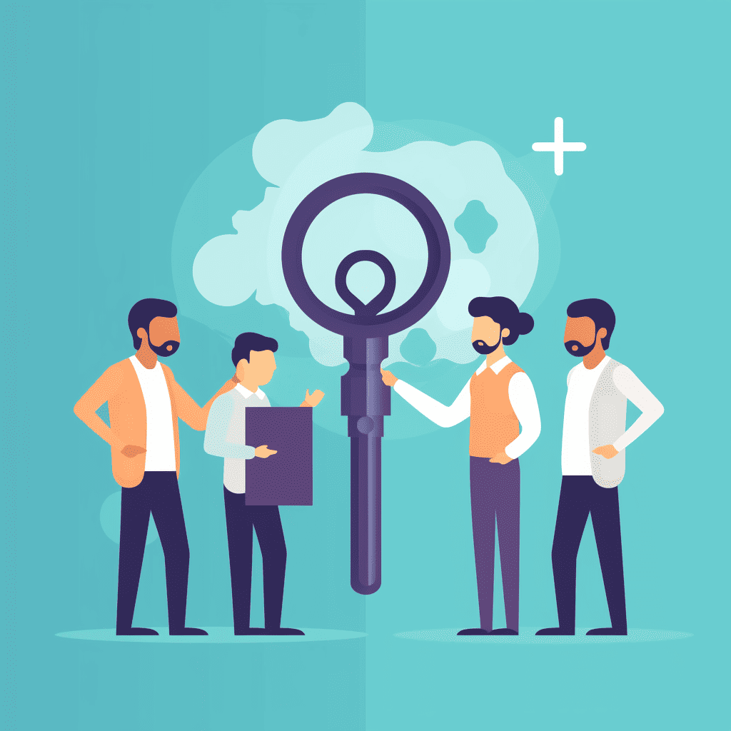 A group of people looking at a magnifying glass.