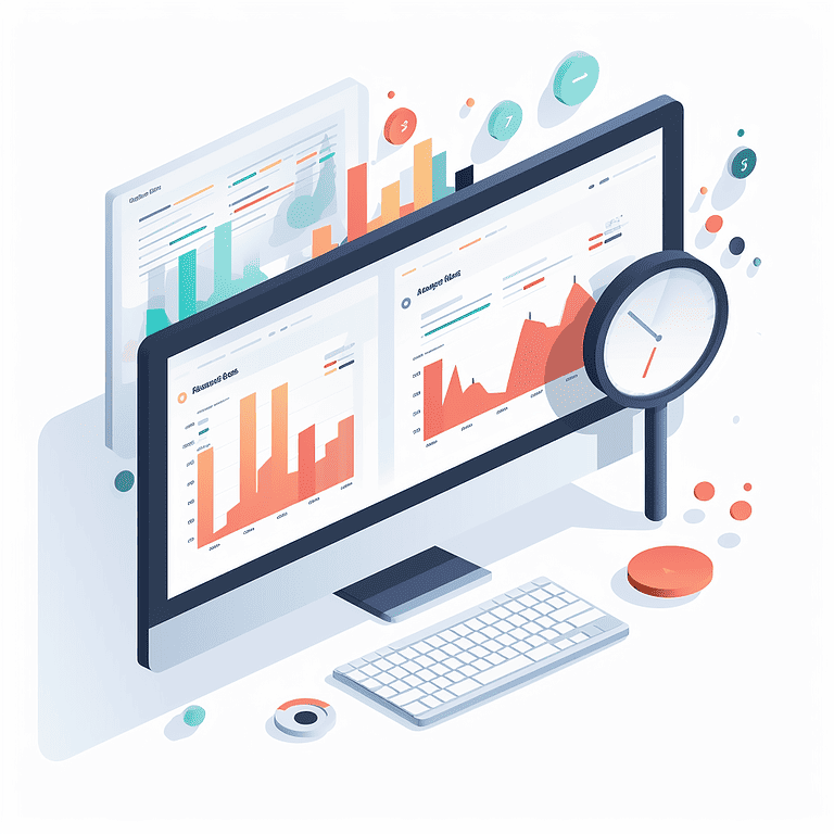A computer screen with a magnifying glass and graphs.