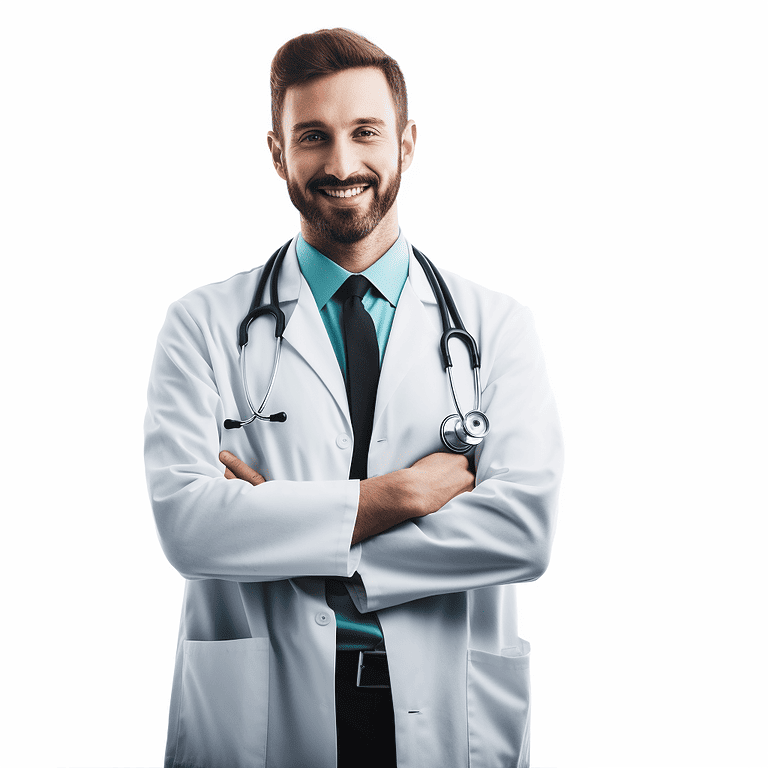 A male doctor standing with his arms crossed on a white background.