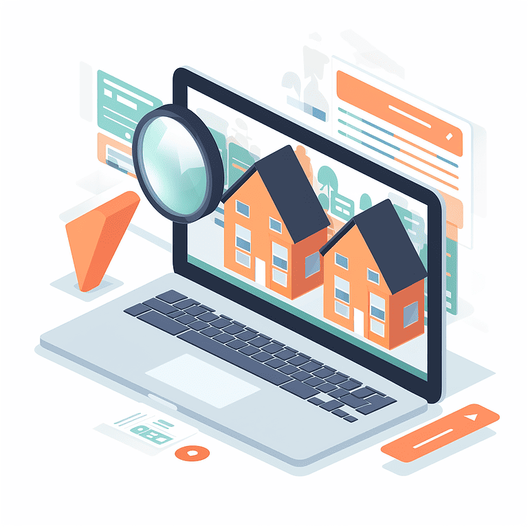 A laptop with an image of a house and a magnifying glass.