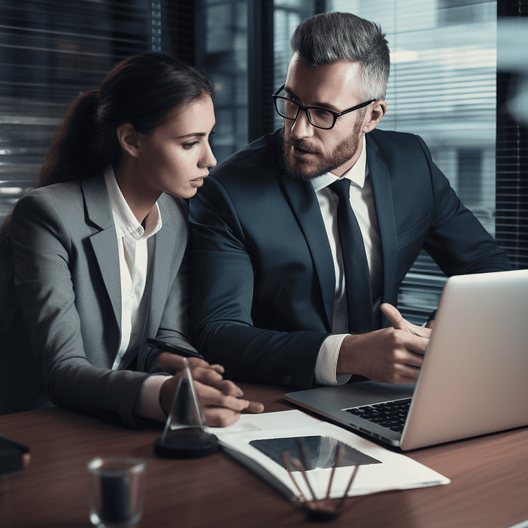 Two business people looking at a laptop.