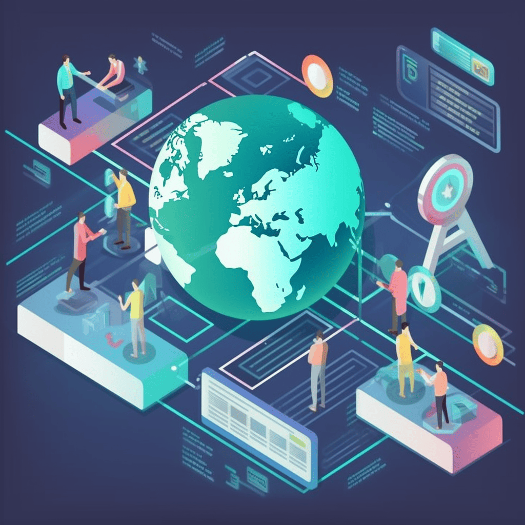 A group of people standing around a globe.