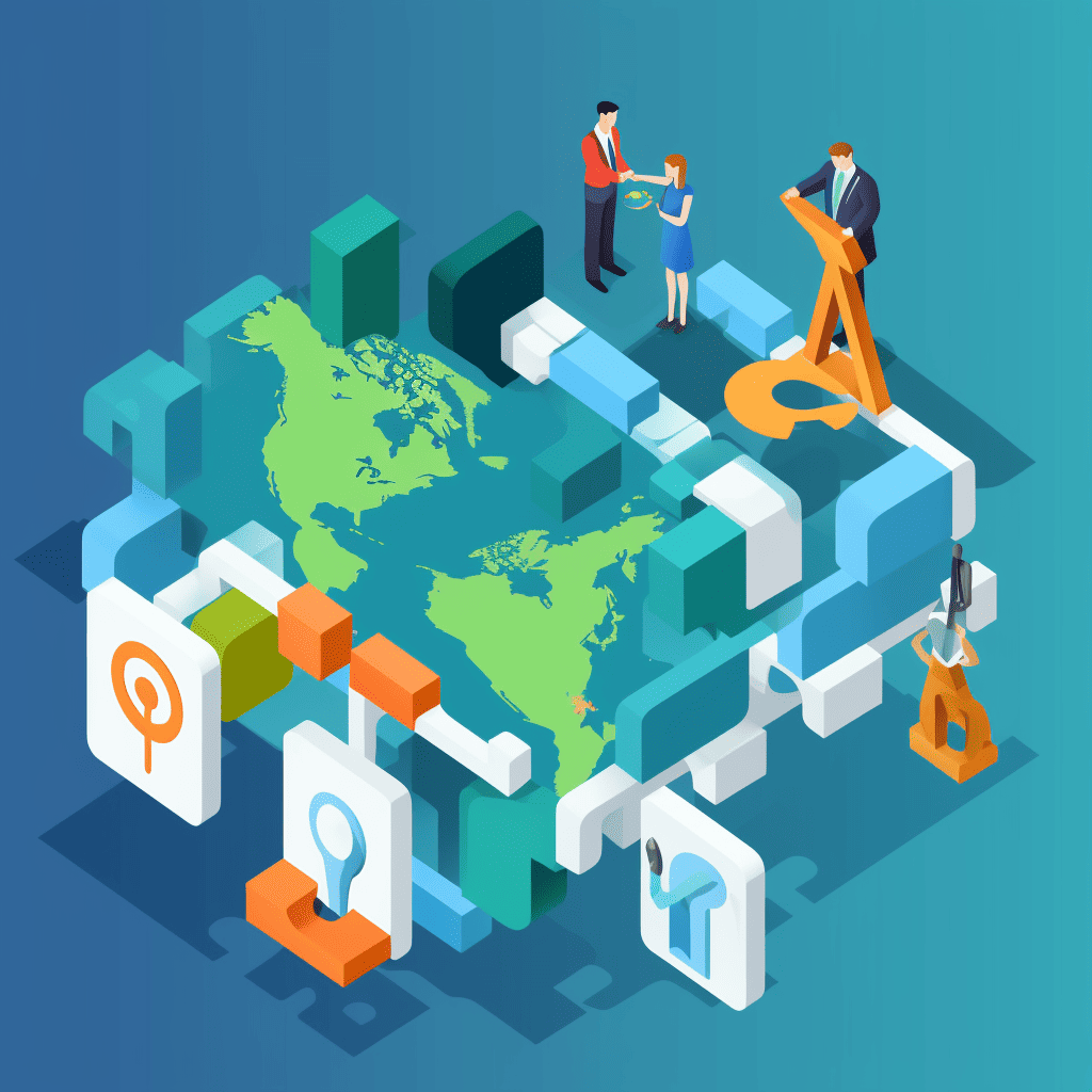 A group of people standing around a globe.