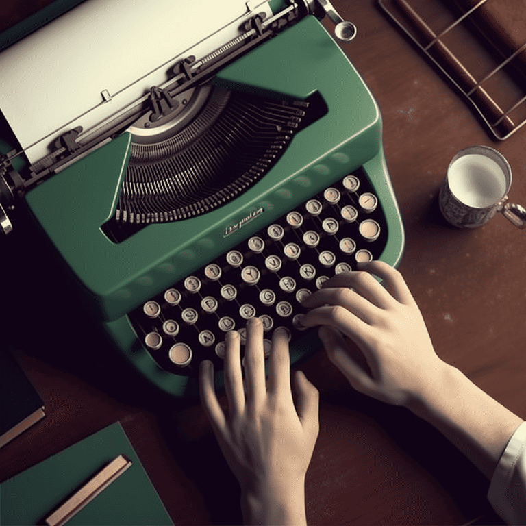 A woman is typing on a green typewriter.