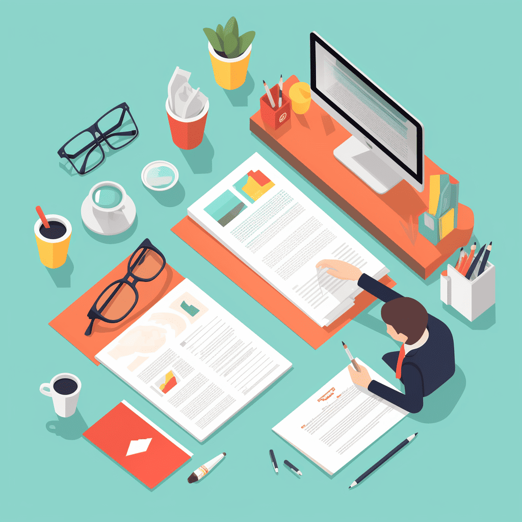 An isometric view of a man working at a desk.