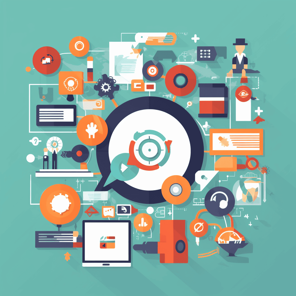 A flat illustration of a circle surrounded by various icons.
