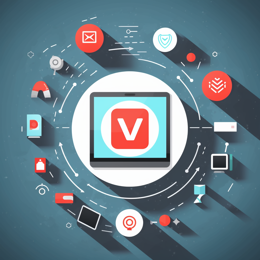 A computer screen with the word v surrounded by icons.