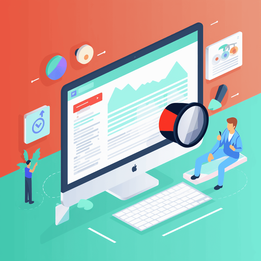 Isometric illustration of people working on a computer with a magnifying glass.