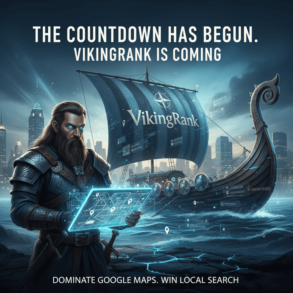 A Viking warrior holds a digital tablet displaying a map, with a Viking ship labeled "VikingRank" and a modern city skyline in the background. Text promotes VikingRank's launch.