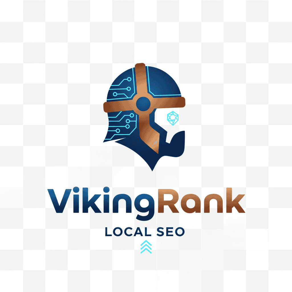 Logo for "VikingRank Local SEO" featuring a stylized Viking helmet with circuit patterns, blue and brown text, and a geometric design element on a transparent checkered background.
